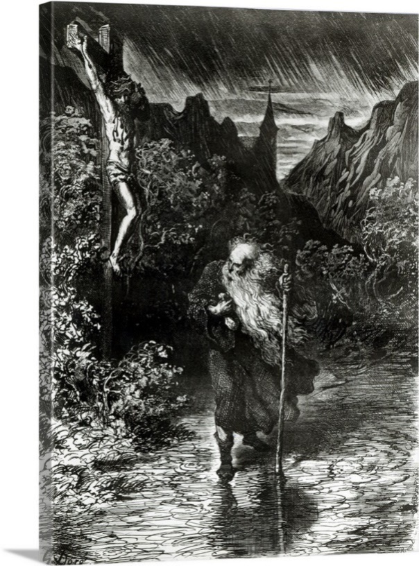 א. גוסטאב דורה, (1862) היהודי הנודד - le Juif errant - המביט בישו על הצלב, חוצה את נהר הריין בדרכו לגרמאניה. קרי: אל מותו.