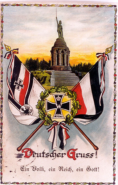 פוסטר גרמני משנת 1914 עם כנסייה, דגלים וסמל עיטור
