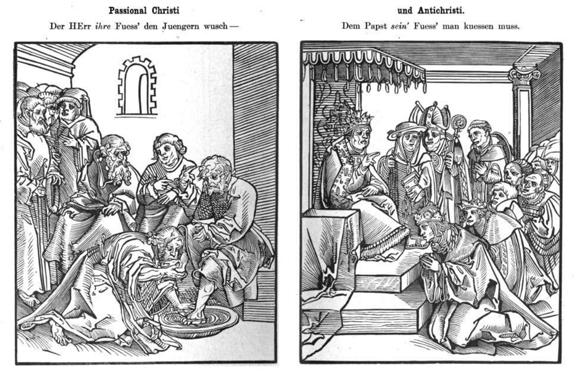 שני איורים זה לצד זה מתוך Antichristi Christi Passion